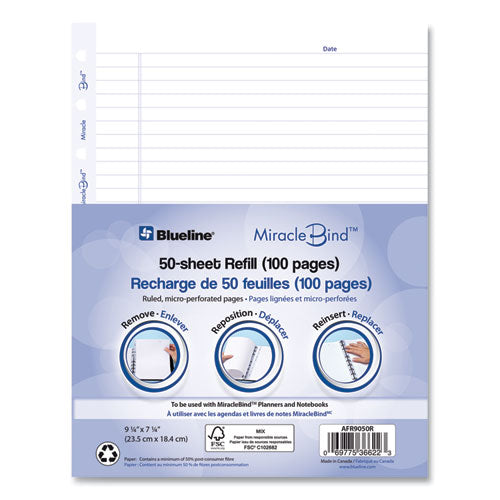 Image of Blueline® Miraclebind Ruled Paper Refill Sheets For All Miraclebind Notebooks And Planners, 9.25 X 7.25, White/blue Sheets, Undated