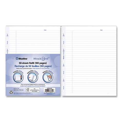 Image of Blueline® Miraclebind Ruled Paper Refill Sheets For All Miraclebind Notebooks And Planners, 9.25 X 7.25, White/blue Sheets, Undated