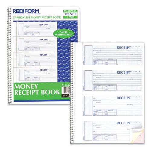 Image of Rediform® Spiralbound Unnumbered Money Receipt Book, Three-Part Carbonless, 7 x 2.75, 4 Forms/Sheet, 120 Forms Total