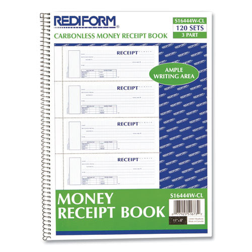 Image of Rediform® Spiralbound Unnumbered Money Receipt Book, Three-Part Carbonless, 7 x 2.75, 4 Forms/Sheet, 120 Forms Total