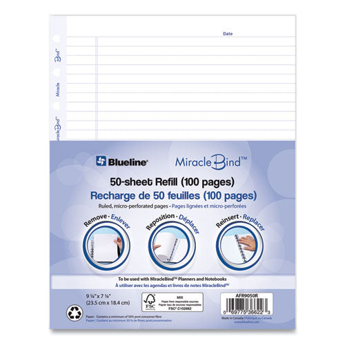 Image of Blueline® Miraclebind Ruled Paper Refill Sheets For All Miraclebind Notebooks And Planners, 9.25 X 7.25, White/blue Sheets, Undated