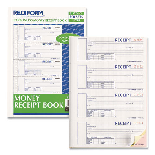 Image of Rediform® Durable Hardcover Numbered Money Receipt Book, Three-Part Carbonless, 6.88 x 2.75, 4 Forms/Sheet, 200 Forms Total