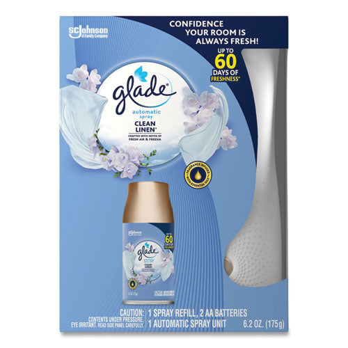 Image of Glade® Automatic Spray Starter Kit, Spray Unit and Refill, White/Gold, Clean Linen, 4/Carton