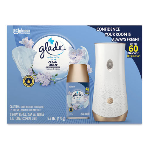 Image of Glade® Automatic Spray Starter Kit, Spray Unit and Refill, White/Gold, Clean Linen, 4/Carton