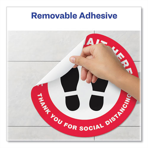 Image of Avery® Social Distancing Floor Decals, 10.5" Dia, Please Wait Here, Red/white Face, Black Graphics, 5/pack
