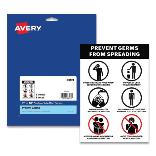 Image of Avery® Preprinted Surface Safe Wall Decals, 7 X 10, Prevent Germs From Spreading, White/black Face, Black Graphics, 5/pack