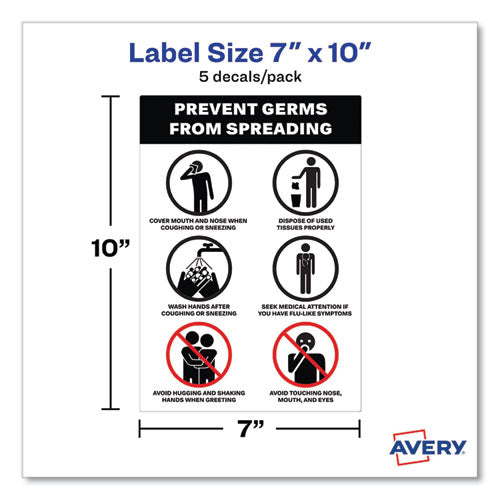 Image of Avery® Preprinted Surface Safe Wall Decals, 7 X 10, Prevent Germs From Spreading, White/black Face, Black Graphics, 5/pack