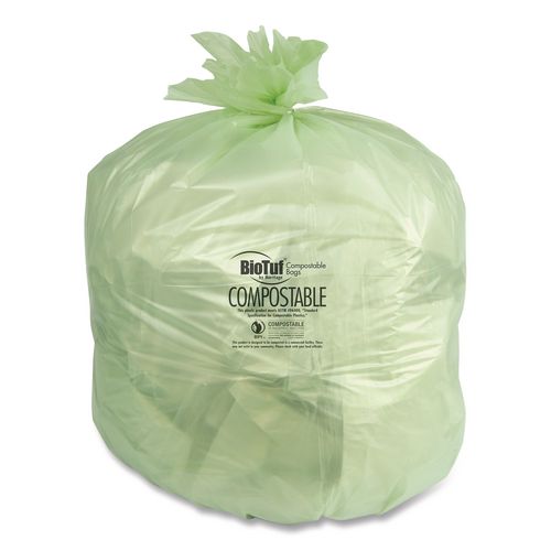 Image of Heritage Biotuf Compostable Can Liners, 30 gal, 1 mil, 28" x 45", Green, 25 Bags/Roll, 5 Rolls/Carton