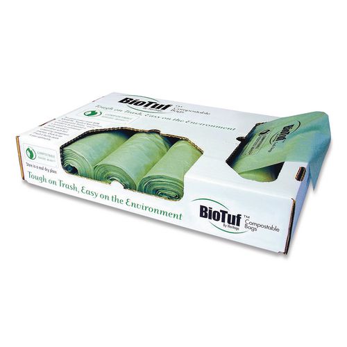 Image of Heritage Biotuf Compostable Can Liners, 64 gal, 1 mil, 47" x 60", Green, 20 Bags/Roll, 5 Rolls/Carton