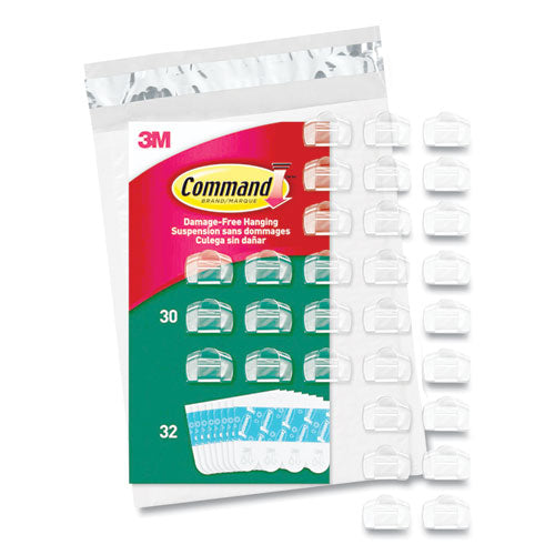 Image of Command all weather hooks and strips, small, plastic, clear, 0.5 lb capacity, 30 clips and 32 strips/pack