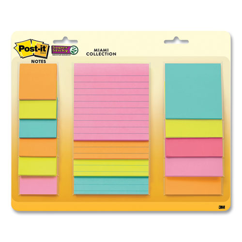 Image of Post-it® Notes Super Sticky Pads in Supernova Neon Colors, (6) Unruled 2" x 2", (5) Unruled 3" x 3", (4) Note Ruled 4" x 4", 45 Sheets/Pad, 15 Pads/Set