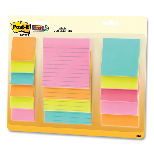Image of Post-it® Notes Super Sticky Pads in Supernova Neon Colors, (6) Unruled 2" x 2", (5) Unruled 3" x 3", (4) Note Ruled 4" x 4", 45 Sheets/Pad, 15 Pads/Set