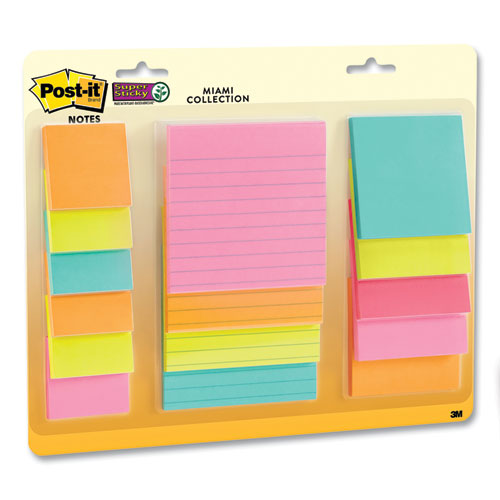 Image of Post-it® Notes Super Sticky Pads in Supernova Neon Colors, (6) Unruled 2" x 2", (5) Unruled 3" x 3", (4) Note Ruled 4" x 4", 45 Sheets/Pad, 15 Pads/Set