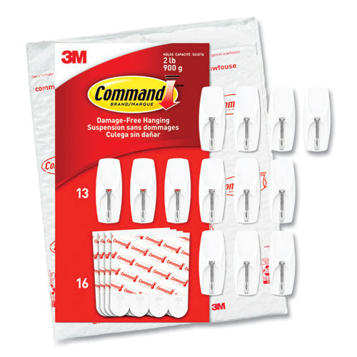 Image of Command General Purpose Wire Hooks, Medium, Metal, White, 2 lb Capacity, 13 Hooks and 16 Strips/Pack
