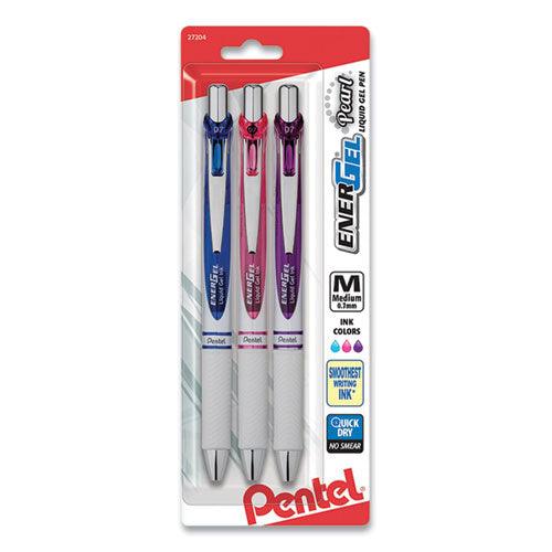 Image of Pentel® EnerGel Pearl Gel Pen, Retractable, Medium 0.7 mm, Assorted Ink and Barrel Colors, 3/Pack