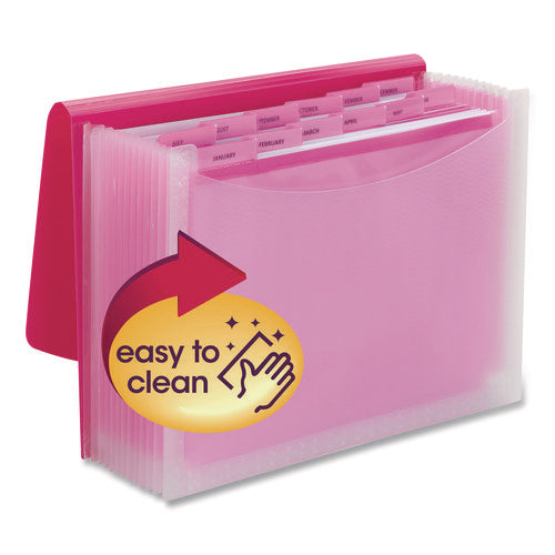 Image of Smead Poly Expanding Folders, 12 Sections, Cord/Hook Closure, 1/6-Cut Tabs, Letter Size, Pink/Clear