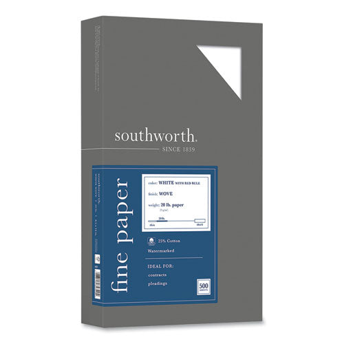 Image of Southworth® 25% Cotton Business Paper, Ruled, 95 Bright, 20 lb Bond Weight, 8.5 x 14, White, 500 Sheets/Ream