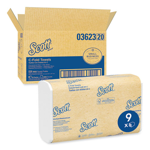 Image of Scott® Essential C-Fold Towels for Business, Convenience Pack, 1-Ply, 10.13 x 13.15, White, 200/Pack, 9 Packs/Carton
