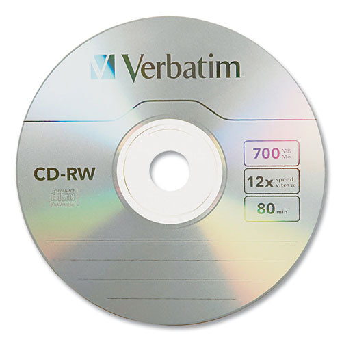 Image of Verbatim® CD-RW High-Speed Rewritable Disc, 700 MB/80 min, 12x, Slim Jewel Case, Silver, 10/Pack
