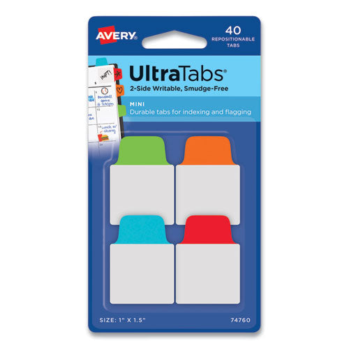 Image of Avery® Ultra Tabs Repositionable Tabs, Mini Tabs: 1" x 1.5", 1/5-Cut, Assorted Colors, 40/Pack
