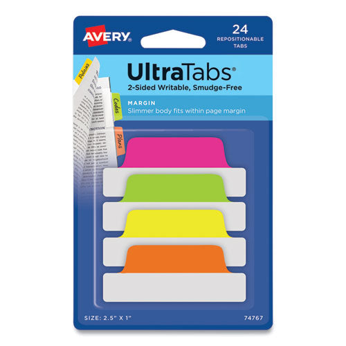 Image of Avery® Ultra Tabs Repositionable Tabs, Margin Tabs: 2.5" x 1", 1/5-Cut, Assorted Neon Colors, 24/Pack