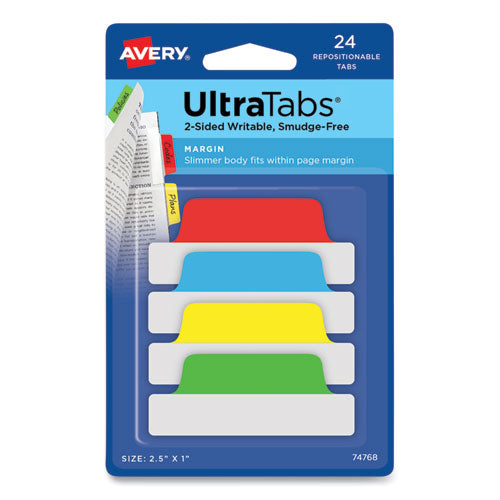 Image of Avery® Ultra Tabs Repositionable Tabs, Margin Tabs: 2.5" x 1", 1/5-Cut, Assorted Colors, 24/Pack