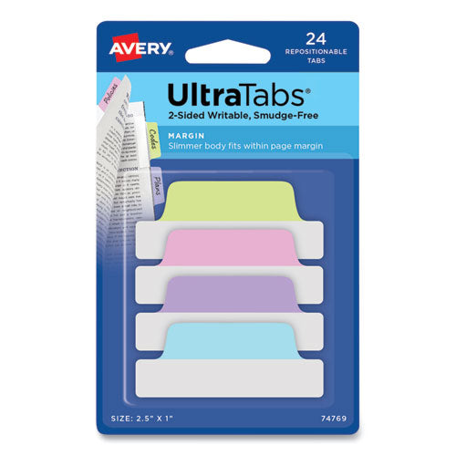 Image of Avery® Ultra Tabs Repositionable Tabs, Margin Tabs: 2.5" x 1", 1/5-Cut, Assorted Pastel Colors, 24/Pack