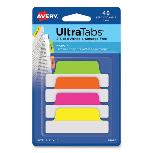 Image of Avery® Ultra Tabs Repositionable Tabs, Margin Tabs: 2.5" x 1", 1/5-Cut, Assorted Neon Colors, 48/Pack