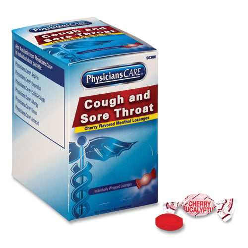 Image of PhysiciansCare® Cough and Sore Throat, Cherry Menthol Lozenges, Individually Wrapped, 50/Box