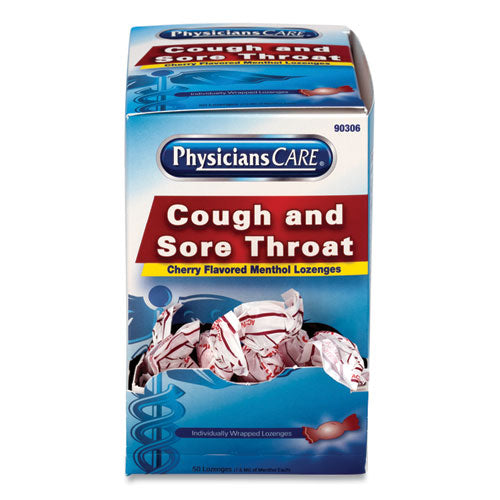 Image of PhysiciansCare® Cough and Sore Throat, Cherry Menthol Lozenges, Individually Wrapped, 50/Box