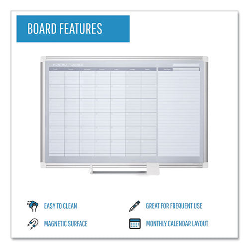 Image of MasterVision® Magnetic Dry Erase Calendar Board, Monthly Planning/Scheduling, 36" x 24", White Surface, Satin Aluminum Frame
