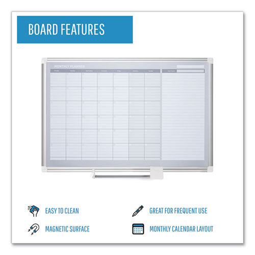 Image of MasterVision® Magnetic Dry Erase Calendar Board, Monthly Planning/Scheduling, 48" x 36", White Surface, Satin Aluminum Frame