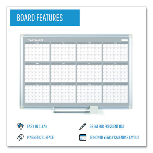 Image of MasterVision® Magnetic Dry Erase Calendar Board, 12-Month Planning/Scheduling, 36" x 24", White Surface, Satin Aluminum Frame