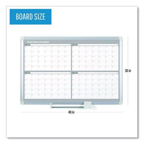Image of MasterVision® Magnetic Dry Erase Calendar Board, Four-Month Planning/Scheduling, 48" x 36", White Surface, Satin Aluminum Frame