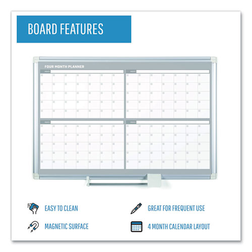 Image of MasterVision® Magnetic Dry Erase Calendar Board, Four-Month Planning/Scheduling, 48" x 36", White Surface, Satin Aluminum Frame