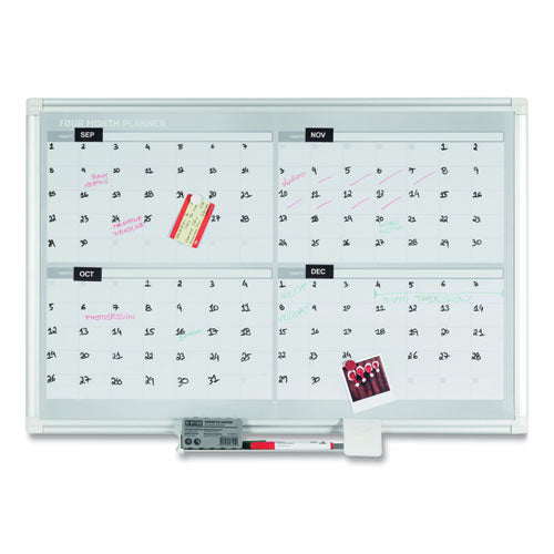 Image of MasterVision® Magnetic Dry Erase Calendar Board, Four-Month Planning/Scheduling, 48" x 36", White Surface, Satin Aluminum Frame