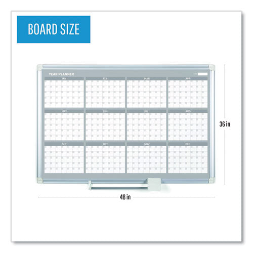 Image of MasterVision® Magnetic Dry Erase Calendar Board, 12-Month Planning/Scheduling, 48" x 36", White Surface, Satin Aluminum Frame