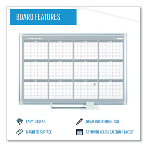 Image of MasterVision® Magnetic Dry Erase Calendar Board, 12-Month Planning/Scheduling, 48" x 36", White Surface, Satin Aluminum Frame