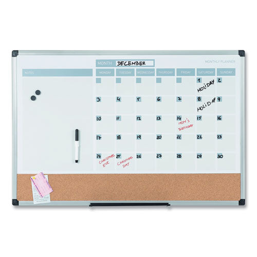 Image of MasterVision® 3-in-1 Calendar Planner, Monthly Planning/Scheduling Calendar, 36" x 24", White Surface, Satin Aluminum Frame