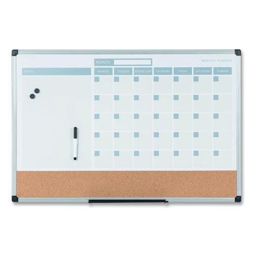 Image of MasterVision® 3-in-1 Planner Board, Monthly Planning/Scheduling Calendar, 24" x 18", Tan/White/Blue Surface, Satin Aluminum Frame