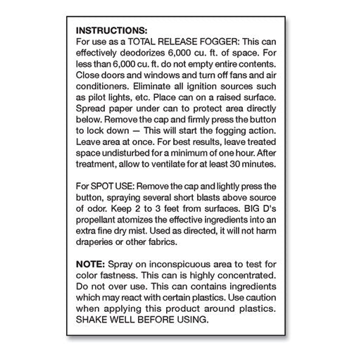 Image of Big D Industries Odor Control Fogger, Mountain Air Scent, 5 Oz Aerosol Spray, 12/carton