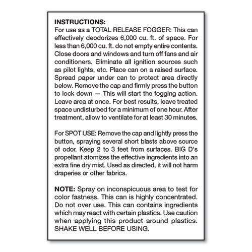 Image of Big D Industries Odor Control Fogger, Original Scent, 5 Oz Aerosol Spray, 12/carton