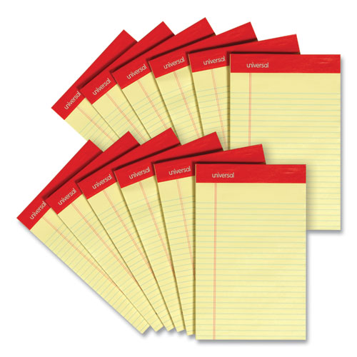 Image of Universal® Perforated Ruled Writing Pads, Narrow Rule, Red Headband, 50 Canary-Yellow 5 X 8 Sheets, Dozen