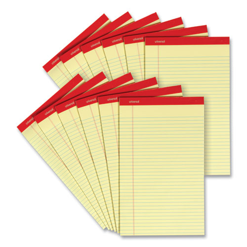 Image of Universal® Perforated Ruled Writing Pads, Wide/legal Rule, Red Headband, 50 Canary-Yellow 8.5 X 14 Sheets, Dozen