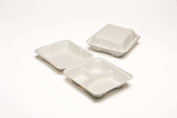 Image of Skilcraft Clamshell Hinged Lid To Go Food Containers, 8" x 8" x 3", 3 Compartment