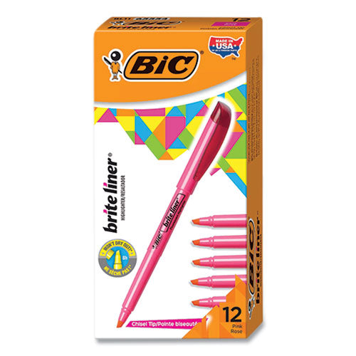Image of BIC® Brite Liner Highlighter, Fluorescent Pink Ink, Chisel Tip, Pink/black Barrel, Dozen