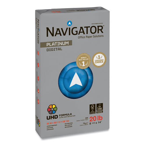 Image of Navigator® Platinum Paper, 99 Bright, 20 lb Bond Weight, 8.5 x 14, White, 500 Sheets/Ream, 10 Reams/Carton