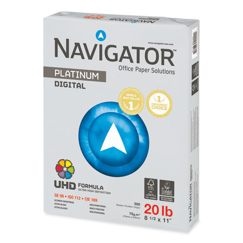 Image of Navigator® Platinum Paper, 99 Bright, 20 lb Bond Weight, 8.5 x 11, White, 500 Sheets/Ream, 10 Reams/Carton