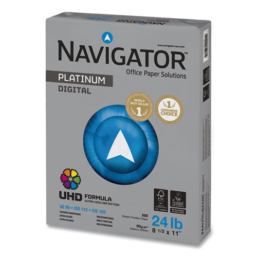Image of Navigator® Platinum Paper, 99 Bright, 24 lb Bond Weight, 8.5 x 11, White, 500 Sheets/Ream, 5 Reams/Carton