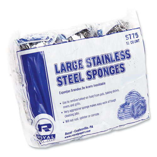 Image of AmerCareRoyal® Stainless Steel Sponge, Polybagged, 1.75 Oz, Gray, 12/pack, 6 Packs/carton